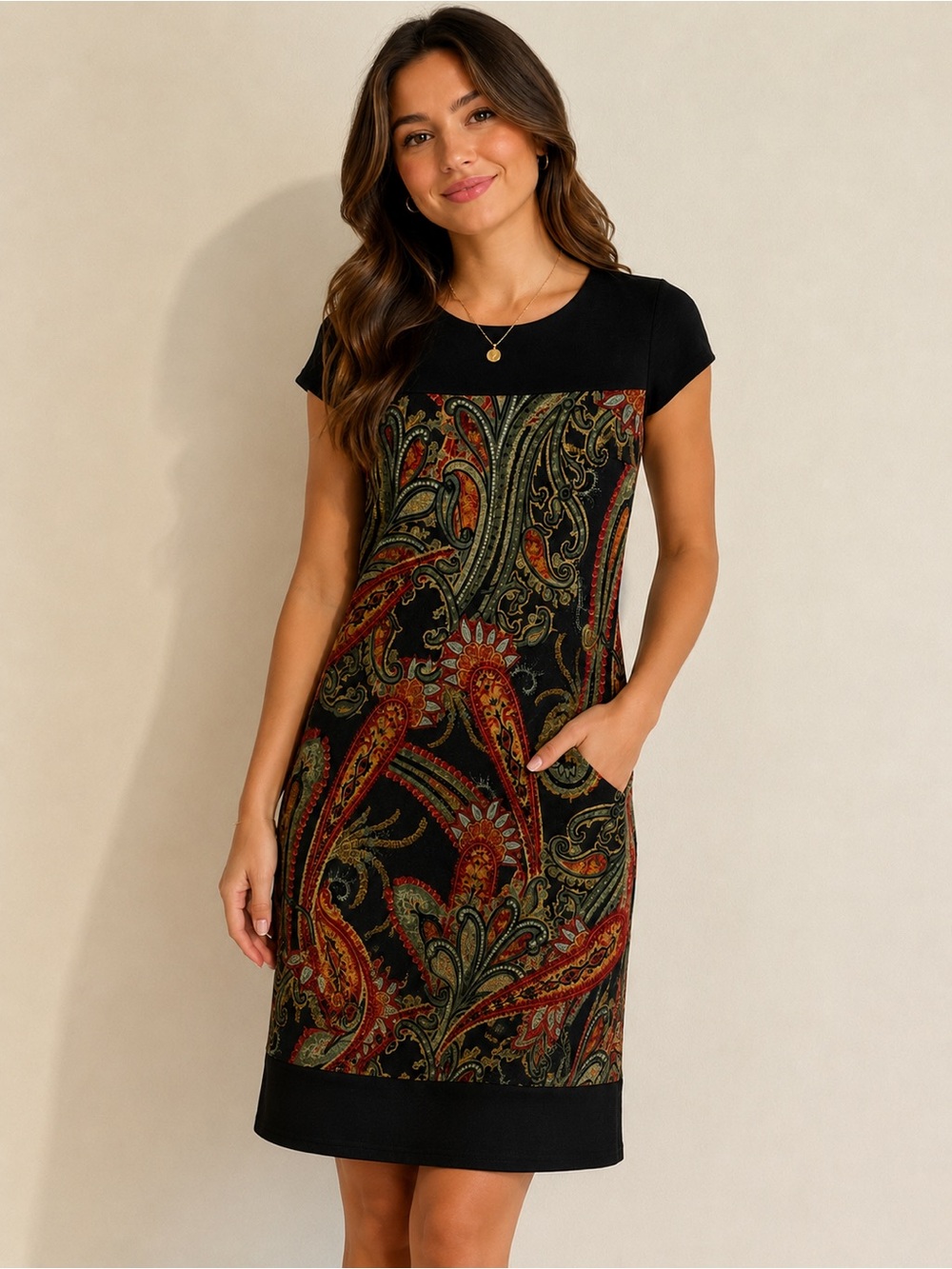 Sandra Darren Black Paisley-Print Short Sleeve Midi Dress